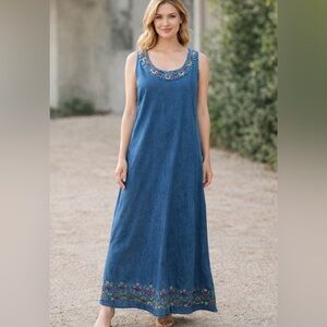 Elegant Embroidered Denim Maxi Dress